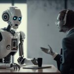 A man with a headset on speaks to a robot
