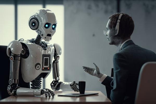 A man with a headset on speaks to a robot